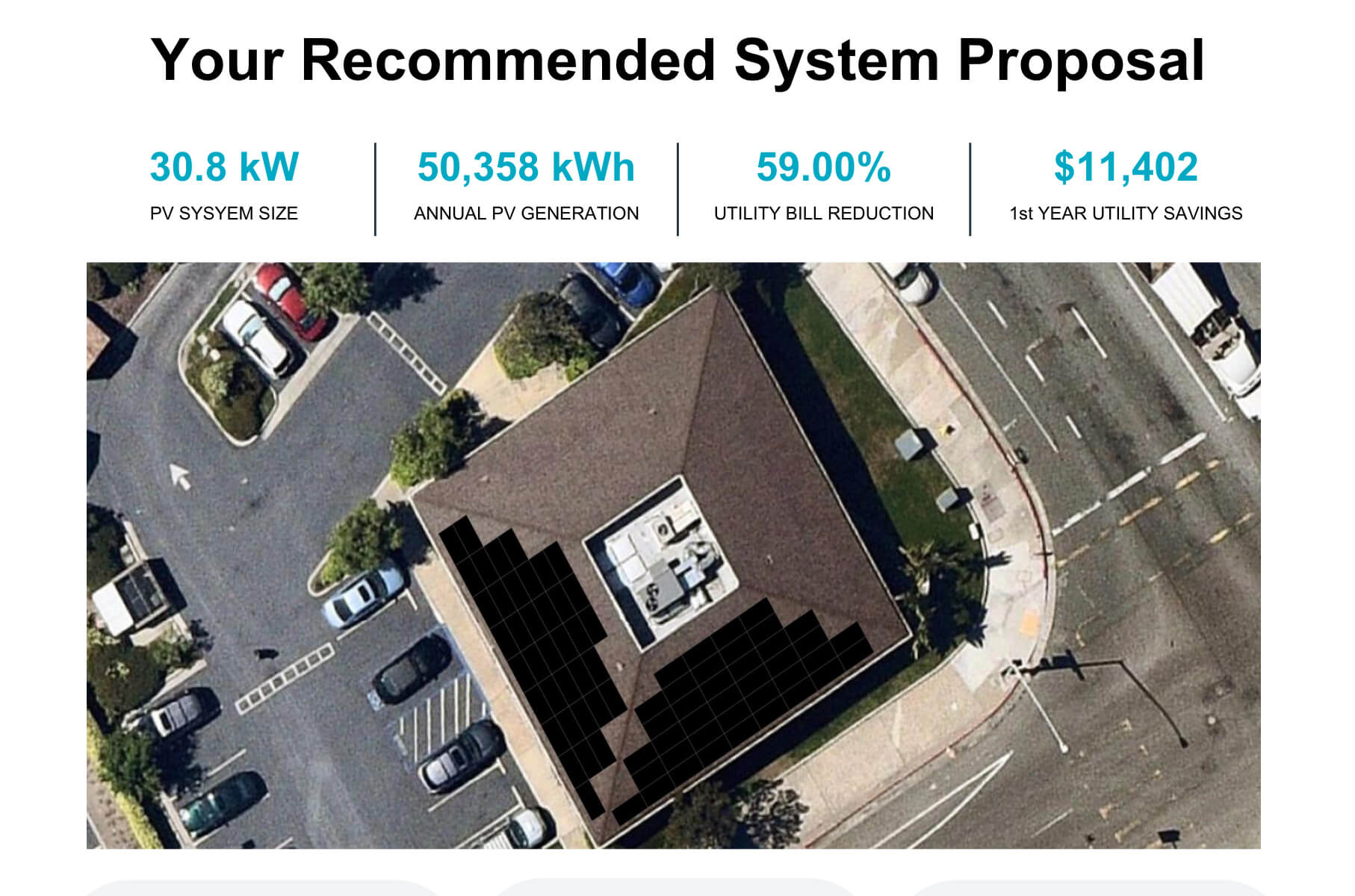 Enact customized solar proposal for commercial project. The proposal generated by the Enact Software displays the system from an aerial view and details solar system size, generation, utility bill reduction and first year utility savings for customer.