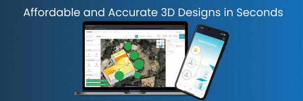 A laptop and smart phone displaying the Enact software platforms over a blue background with a text overlay stating: affordable and accurate 3D designs in seconds. This demonstrates the Enact Solar Design Software's ability to empower installers with fast, accurate proposal generation.
