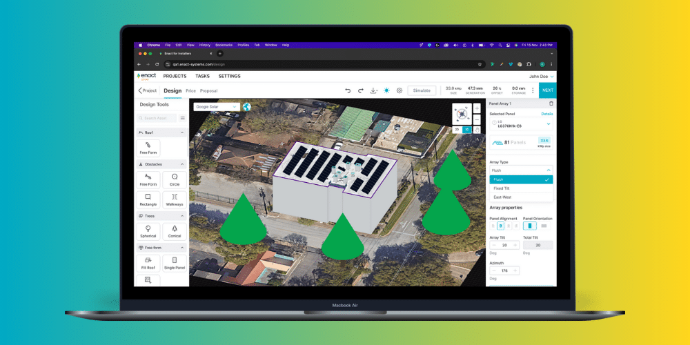 The Enact Solar Design Software for Installers displayed on a laptop. The software interface displayed a commercial solar project with tree shading analysis.