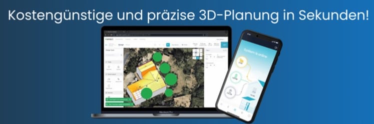 Image of a laptop computer and smart phone with the Enact Solar Design Software and Enact solar monitoring software overlaid a blue gradient background and overlaid text that says "Kostengünstige und präzise 3D-Planung in Sekunden!"