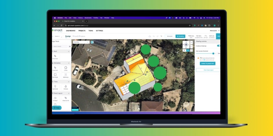 Image of the Enact Solar Design Software for Installers overlaid a blue-green-yellow gradient. The Enact Solar Design Software empowers solar installers in Germany to quickly generate fast and accurate proposals and accelerate sales