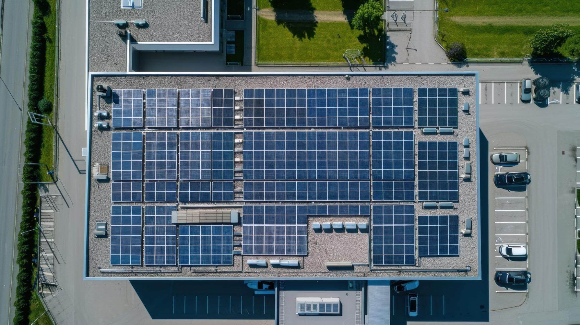 An aerial view of a rooftop solar panel system installed on a medium to large sized commercial office building, with a flat roof.