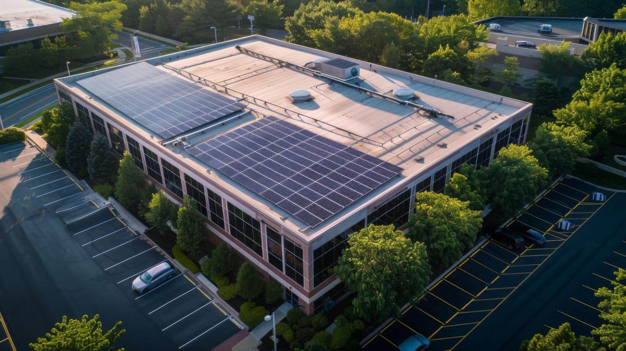 Aerial view of a commercial building with rooftop solar panels, representing solar adoption in the business sector.