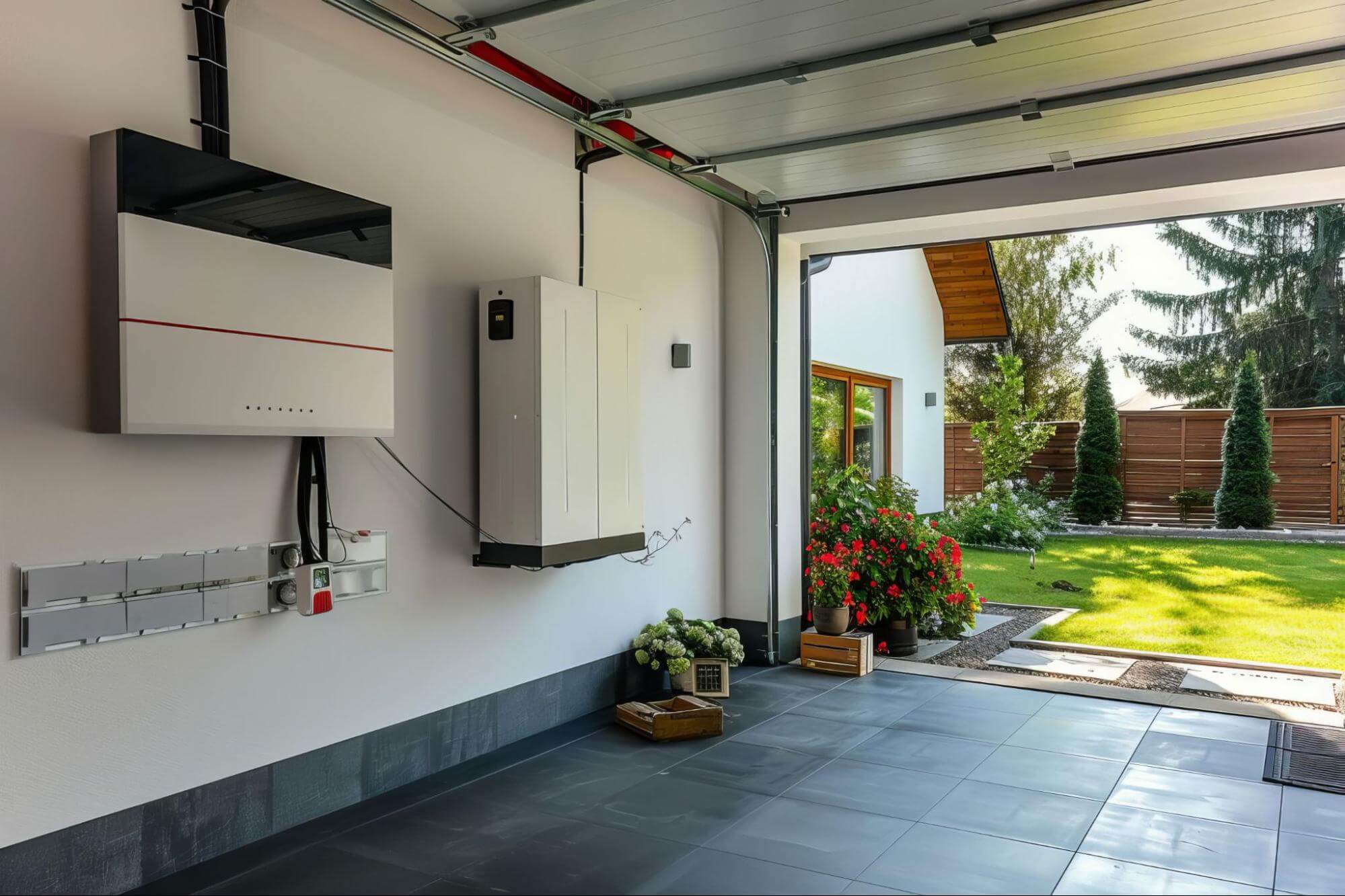 Modern home garage with solar battery and inverter system.