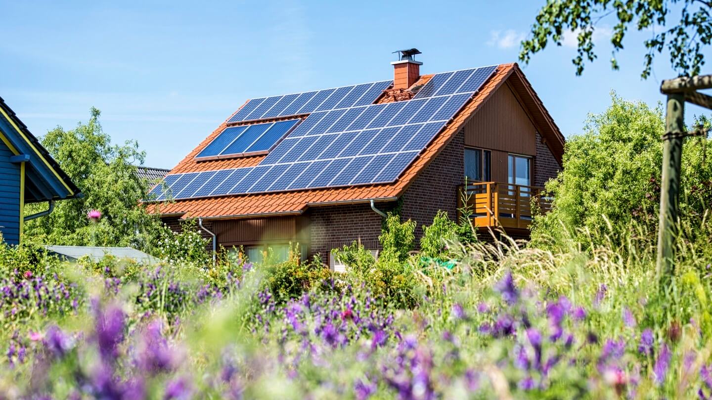 German house with rooftop solar panels, surrounded by greenery and wildflowers.